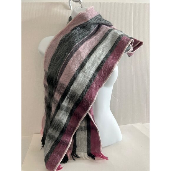Shupacka Alpaca Blend Scarf Pink Gray Stripe Fuzzy Soft Warm Frayed Edges - Picture 6 of 7